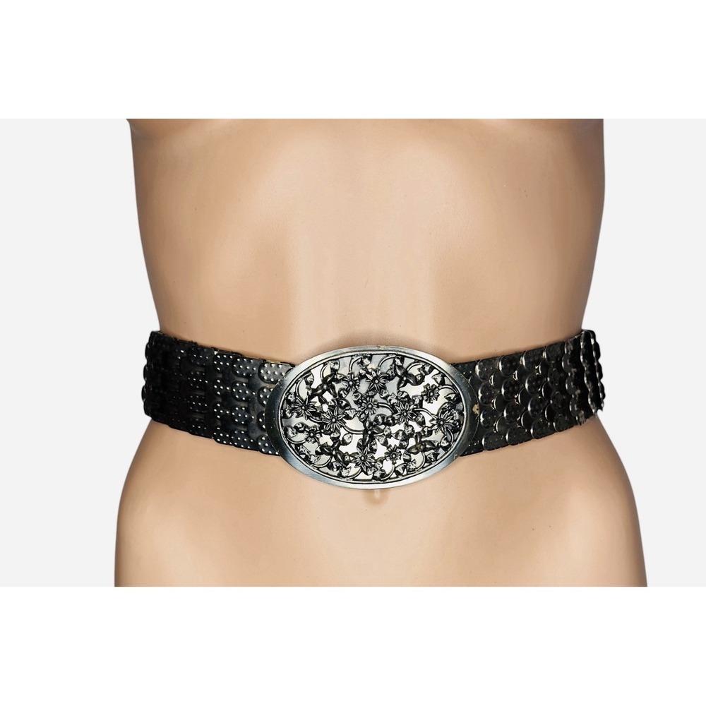 Women's Silver Metal Wide Belt‎ Oval Floral Buckle Statement Fashion Accessory